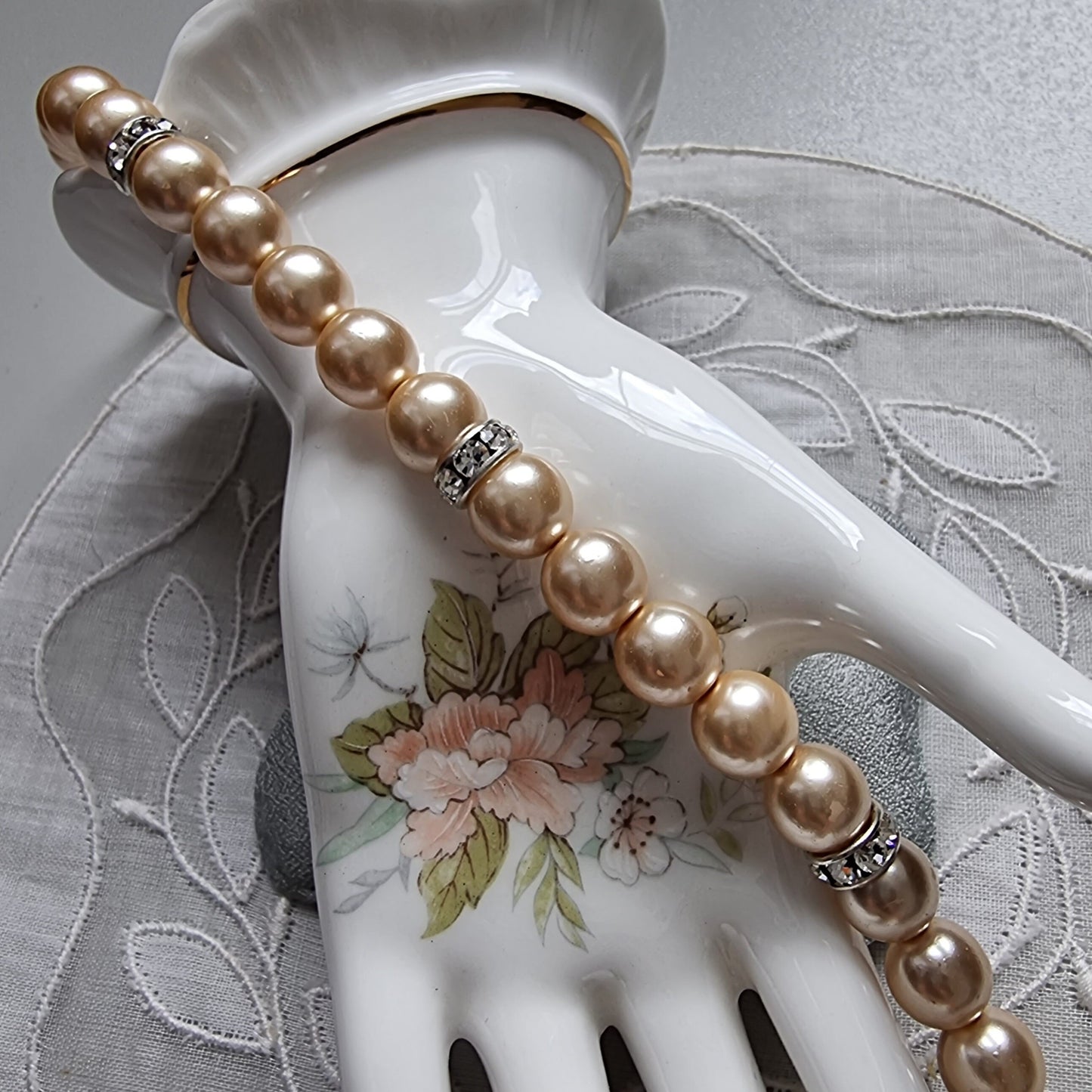 Bracelet - Faux Pearl Beads and Clear Crystals Bracelet