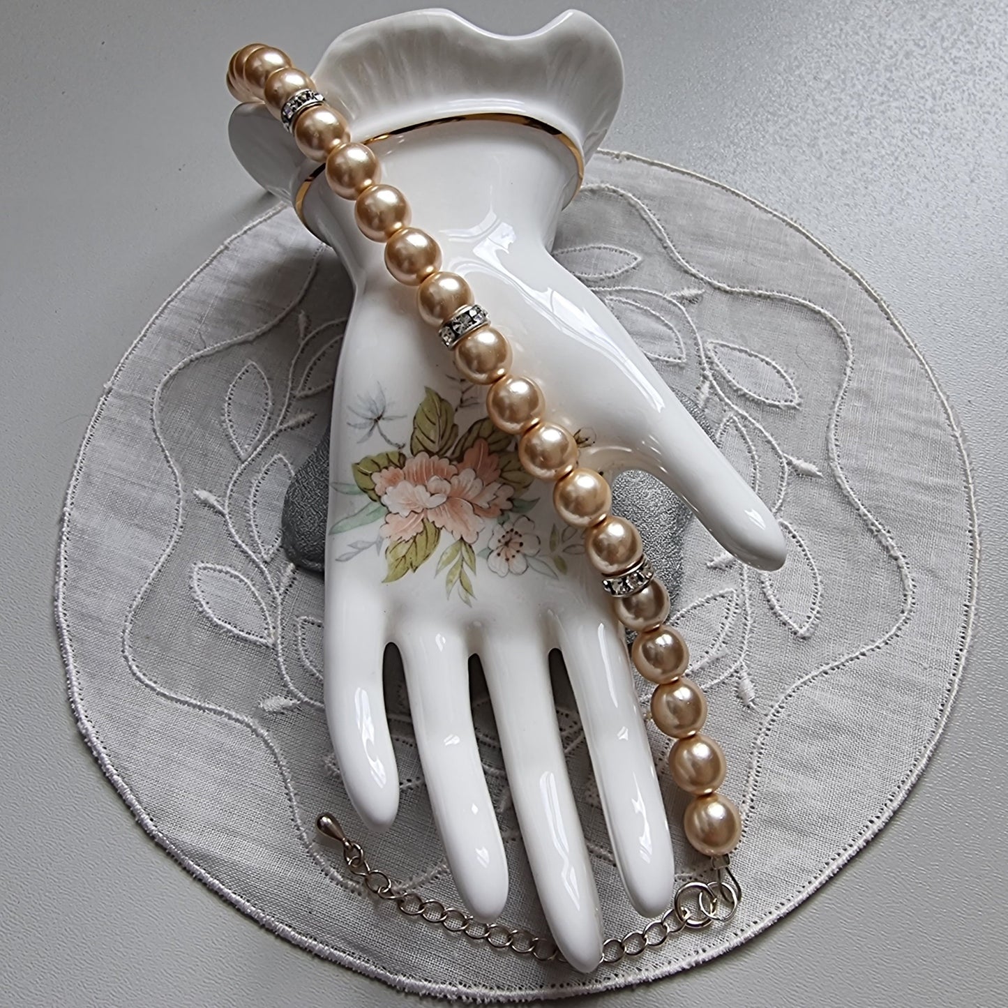 Bracelet - Faux Pearl Beads and Clear Crystals Bracelet