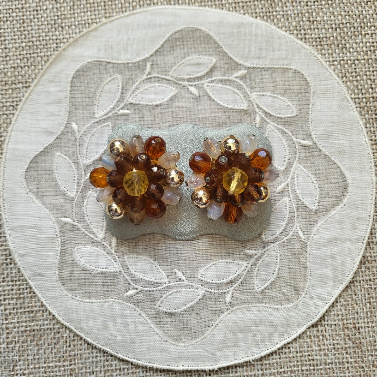 Clip on - Western Germany Orange and gold Beads Clip On Earrings