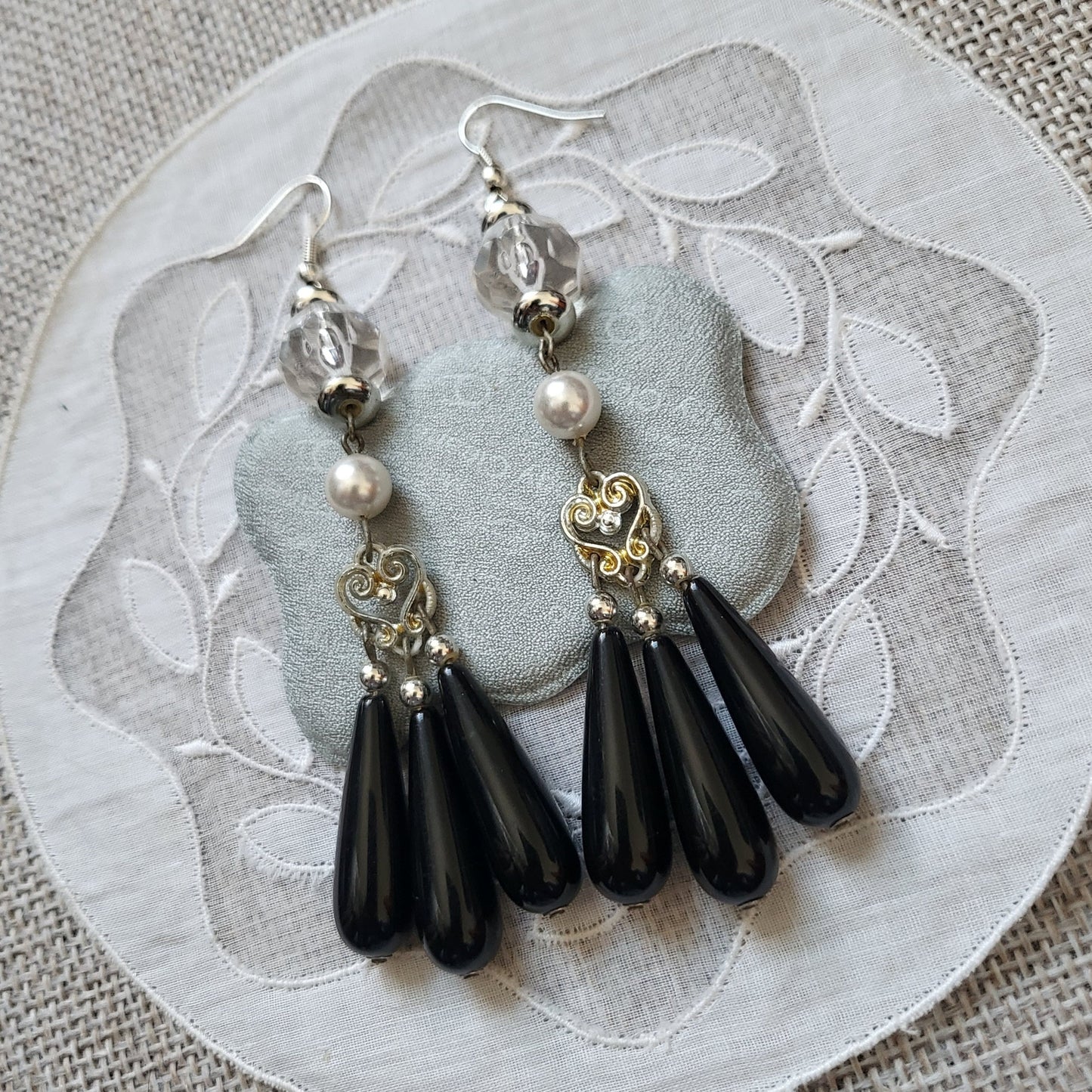 Hooks - Statement Pearl and Black Drops Hook Earrings