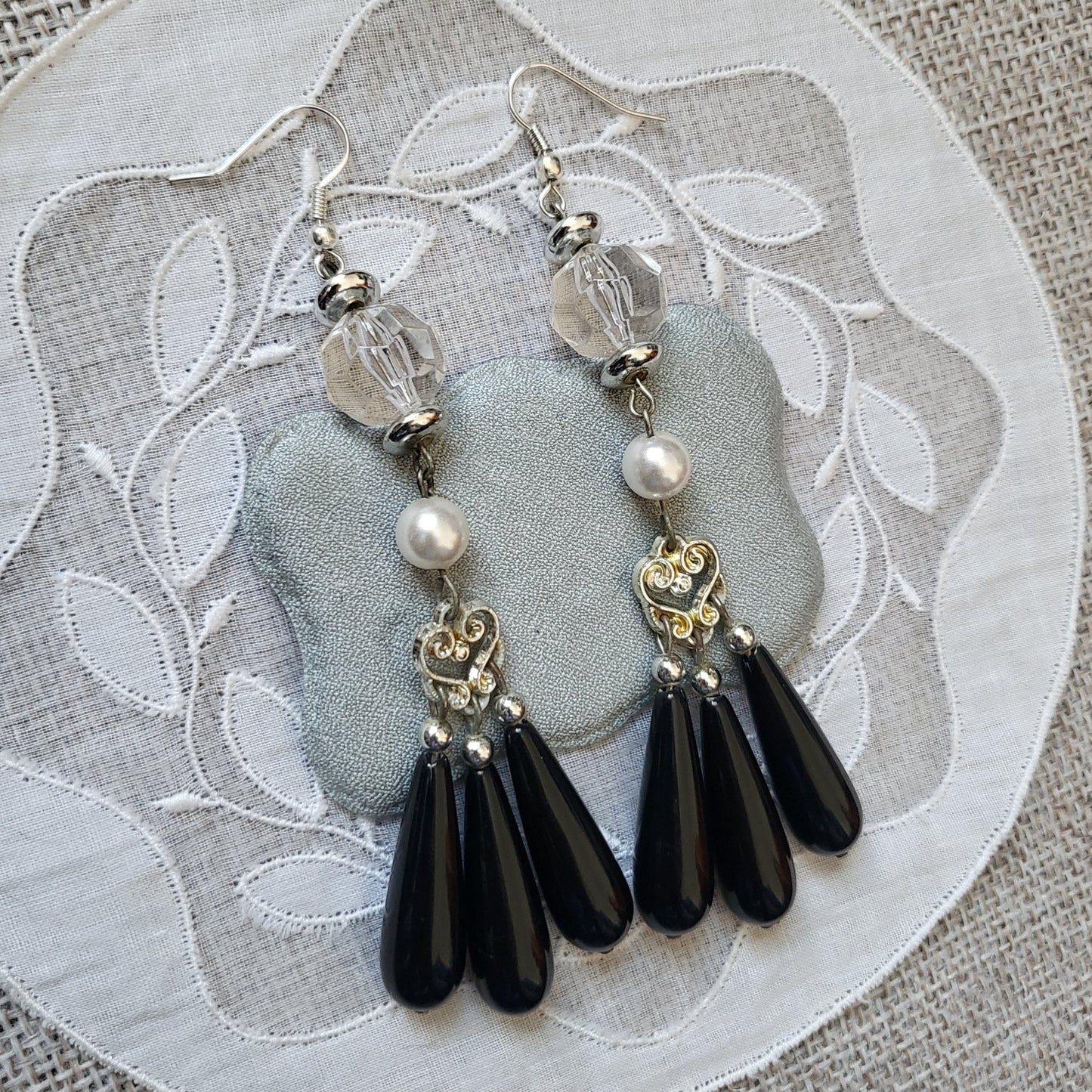 Hooks - Statement Pearl and Black Drops Hook Earrings