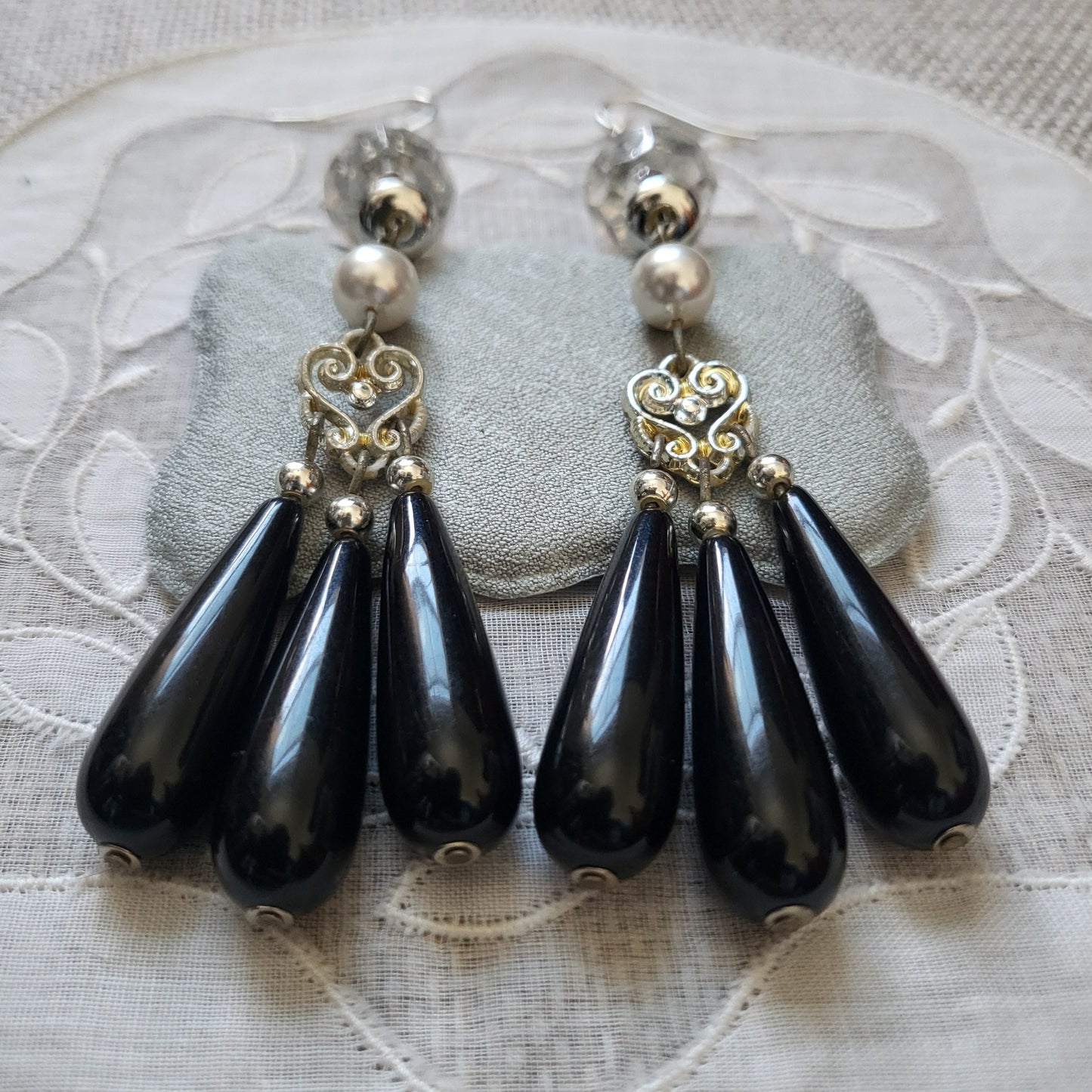 Hooks - Statement Pearl and Black Drops Hook Earrings