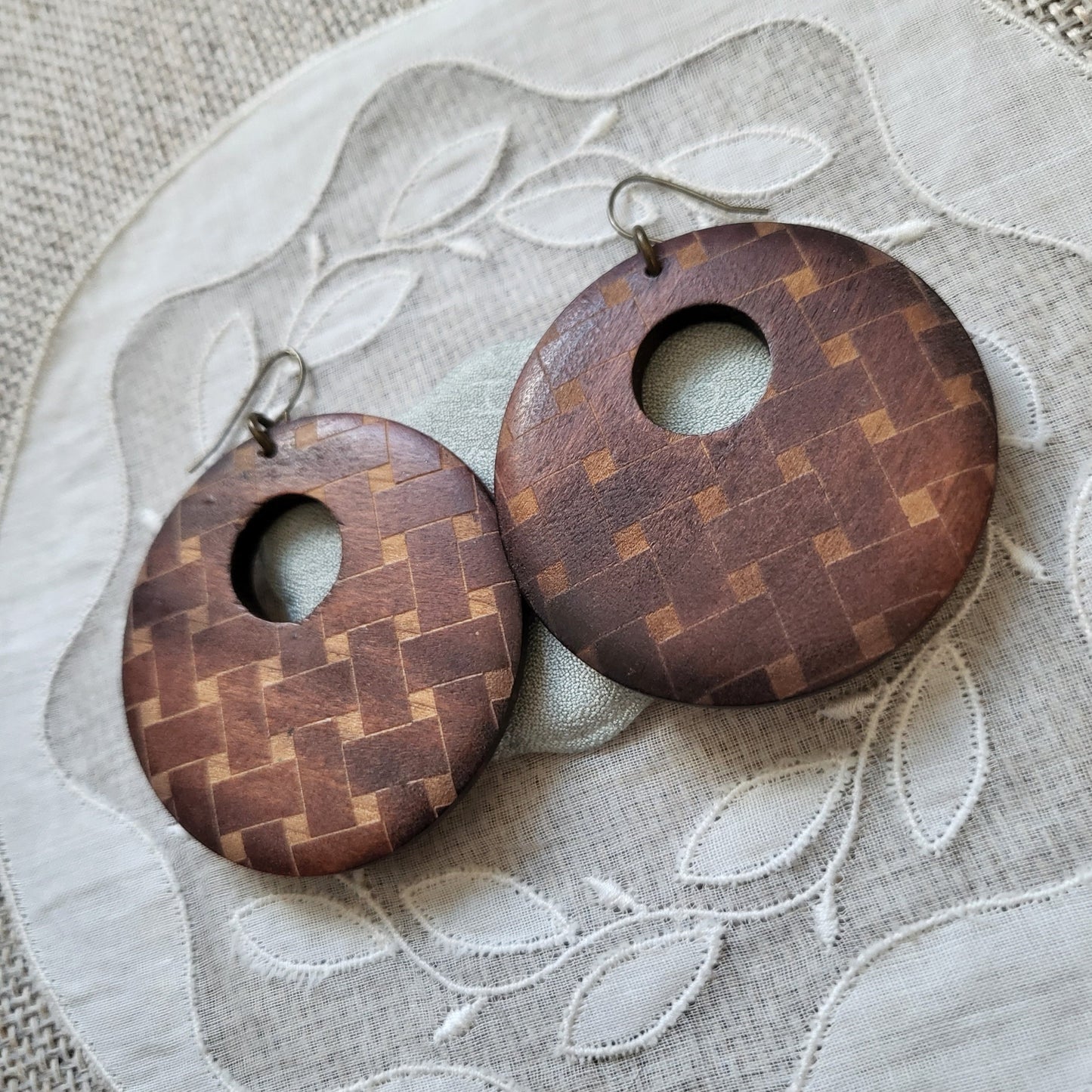 Hooks - Textured Wood Disk Hook Earrings