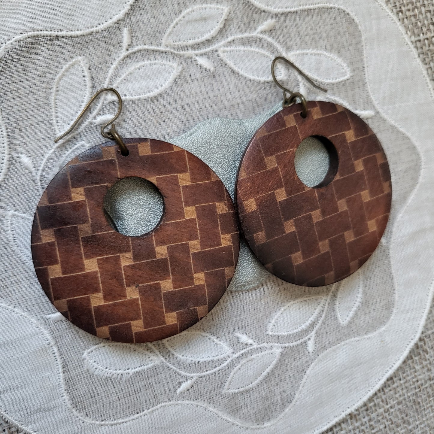 Hooks - Textured Wood Disk Hook Earrings