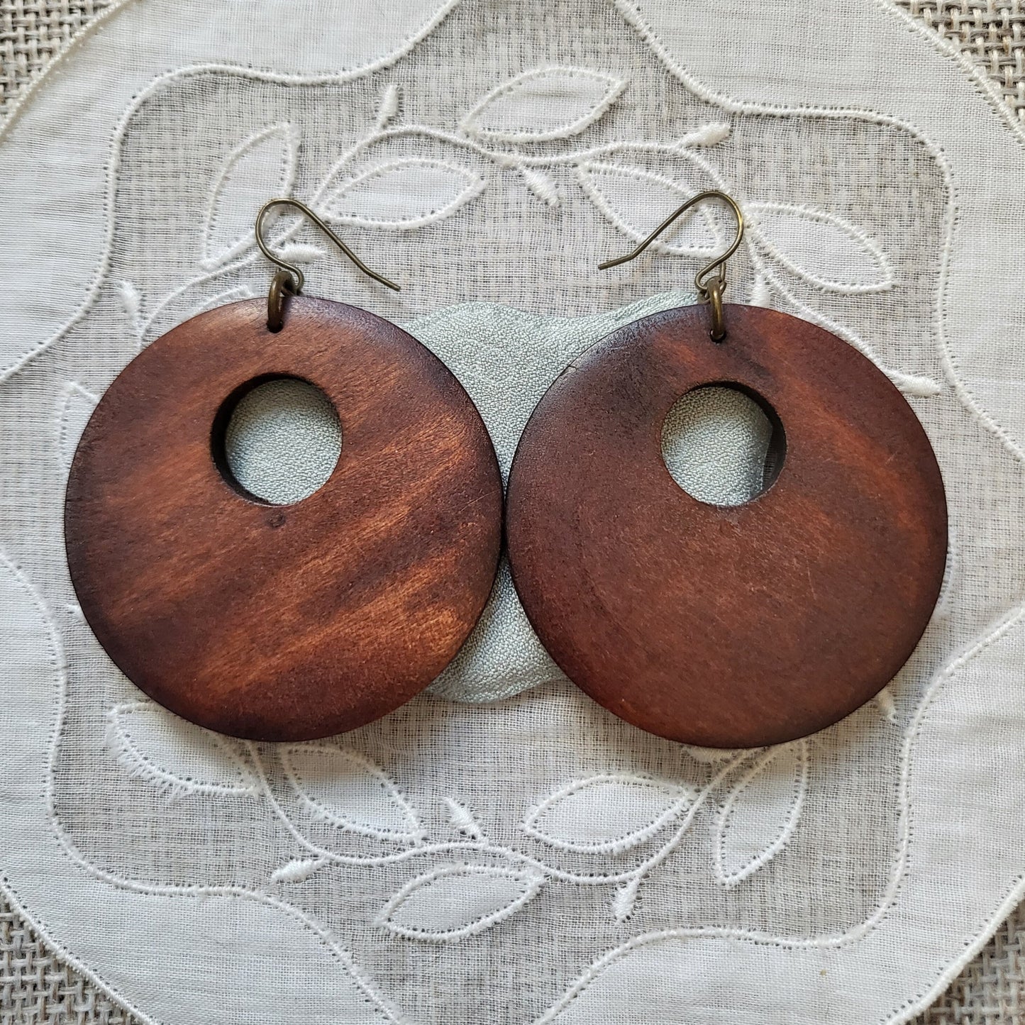 Hooks - Textured Wood Disk Hook Earrings