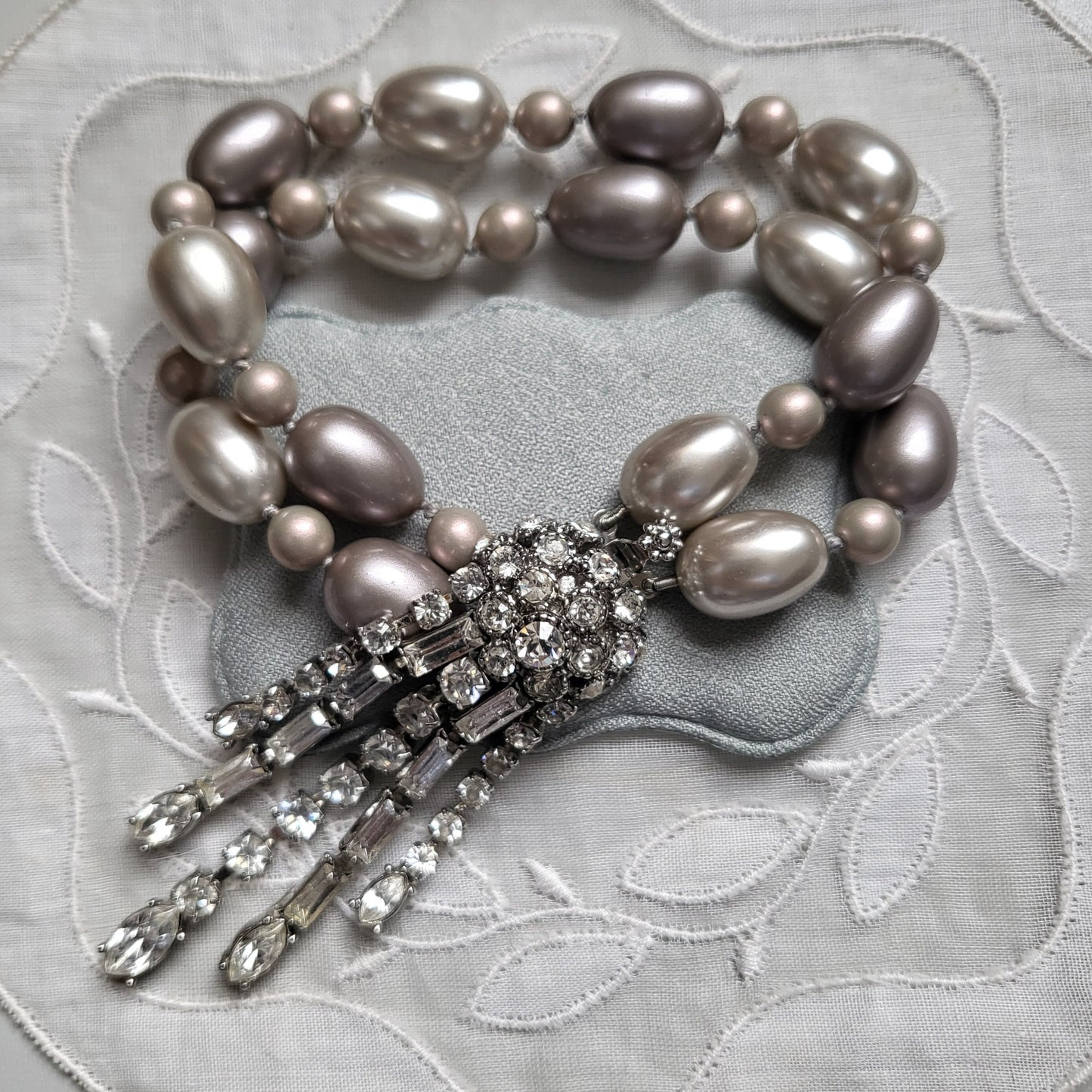 Bracelet - Crystal Tassel Double Strand Grey Pearls Bracelet
