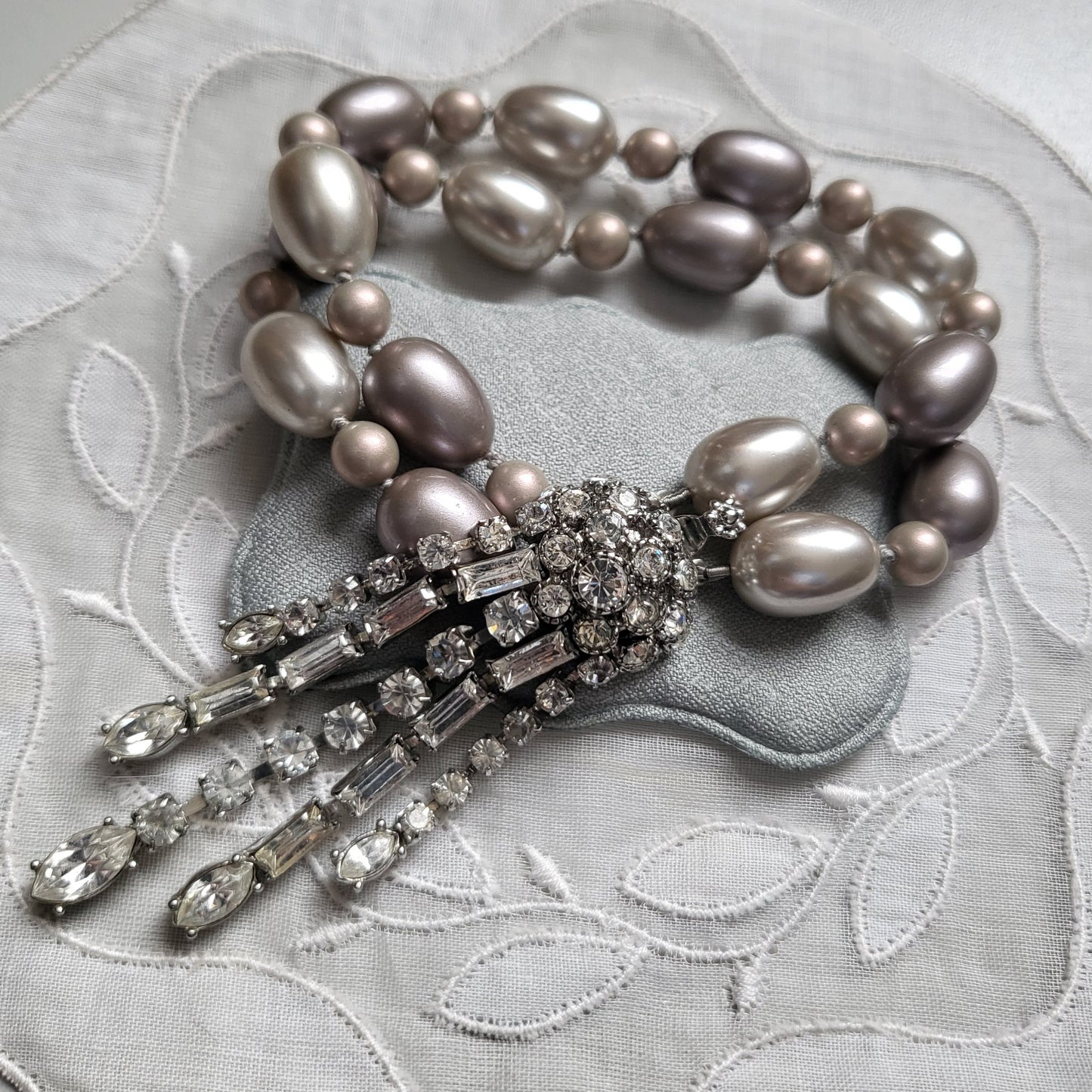 Bracelet - Crystal Tassel Double Strand Grey Pearls Bracelet