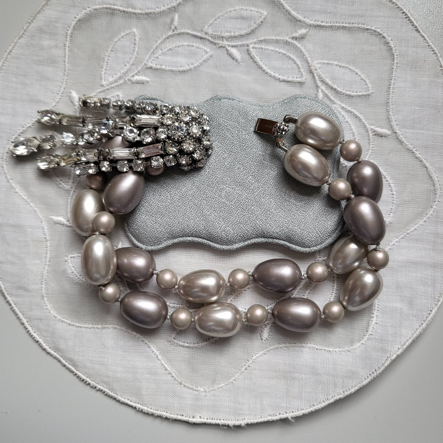 Bracelet - Crystal Tassel Double Strand Grey Pearls Bracelet