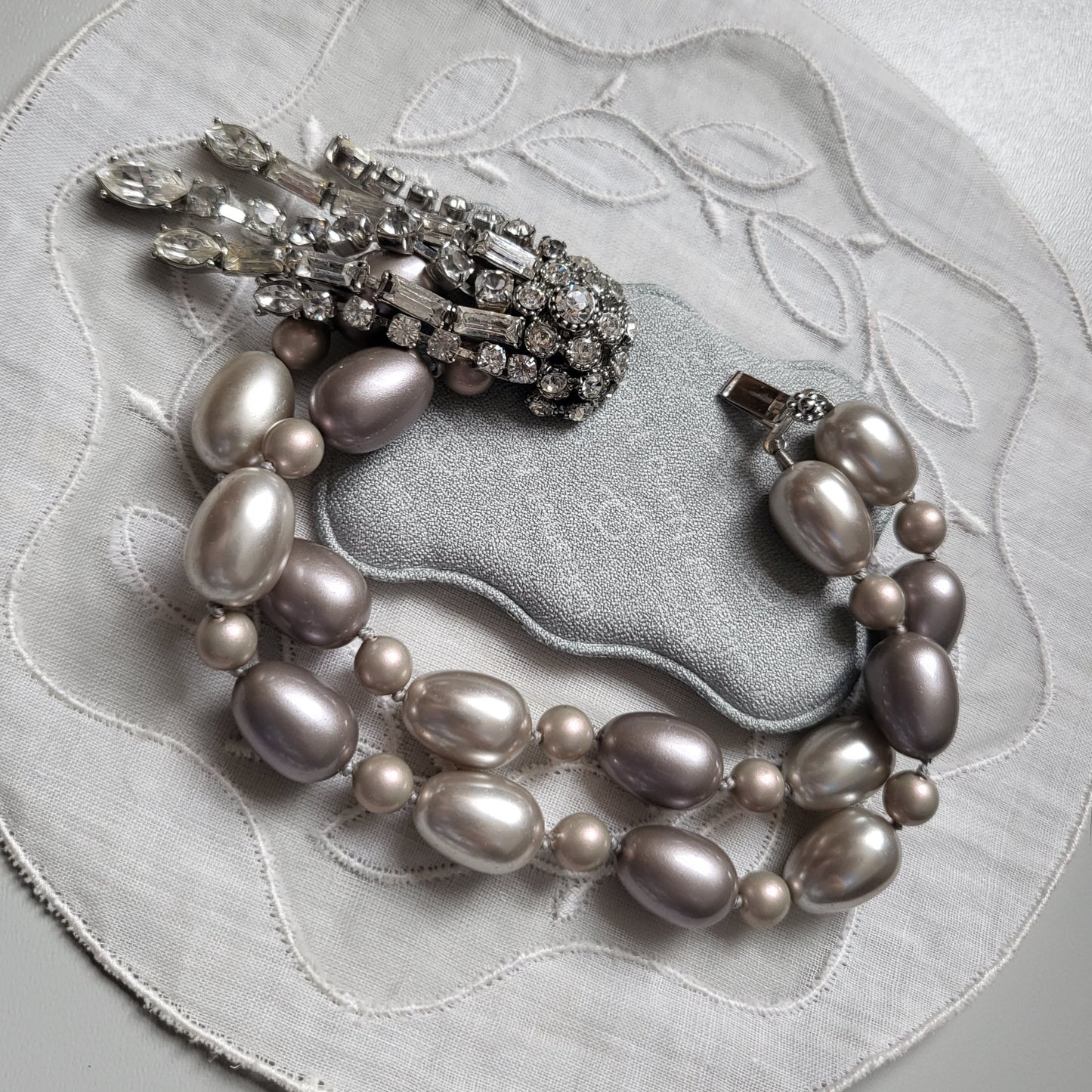 Bracelet - Crystal Tassel Double Strand Grey Pearls Bracelet