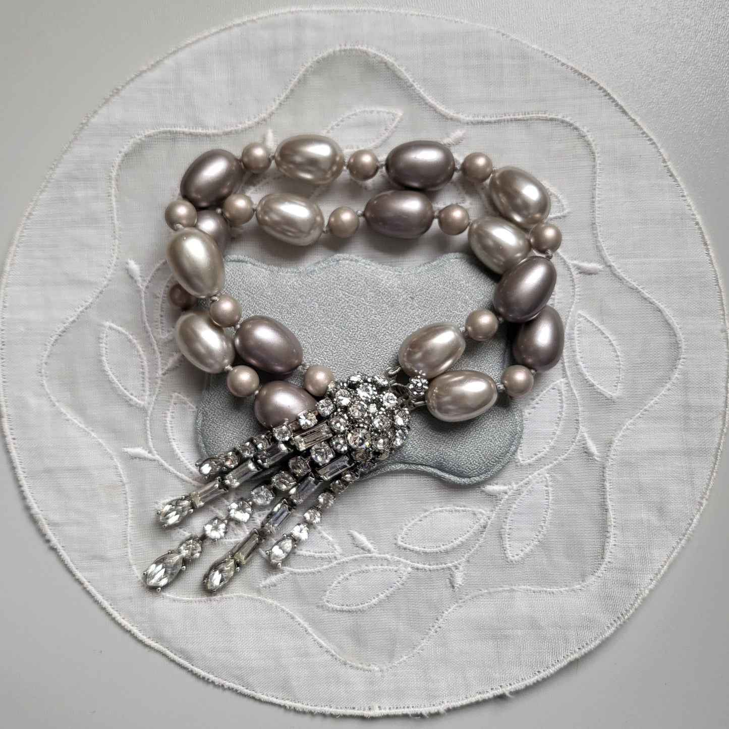 Bracelet - Crystal Tassel Double Strand Grey Pearls Bracelet