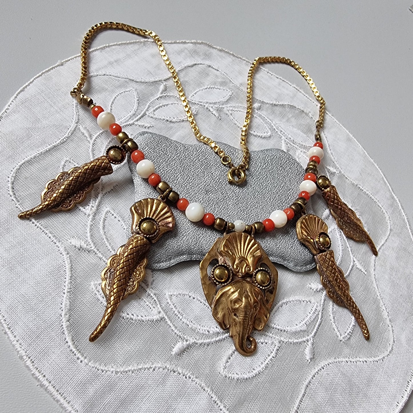 Necklace - Elephant and Shells Coral and Pearl Glass Beads Necklace