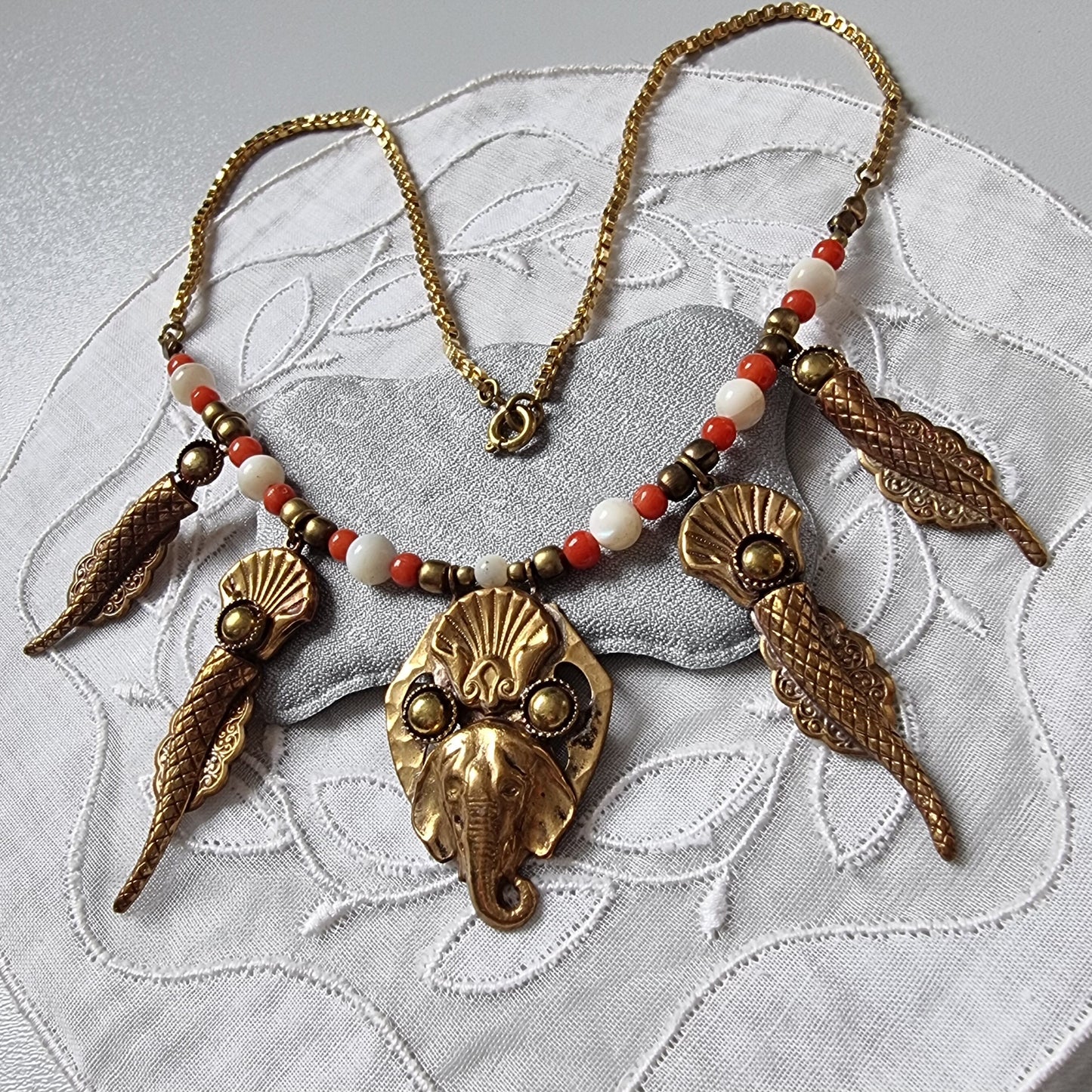 Necklace - Elephant and Shells Coral and Pearl Glass Beads Necklace