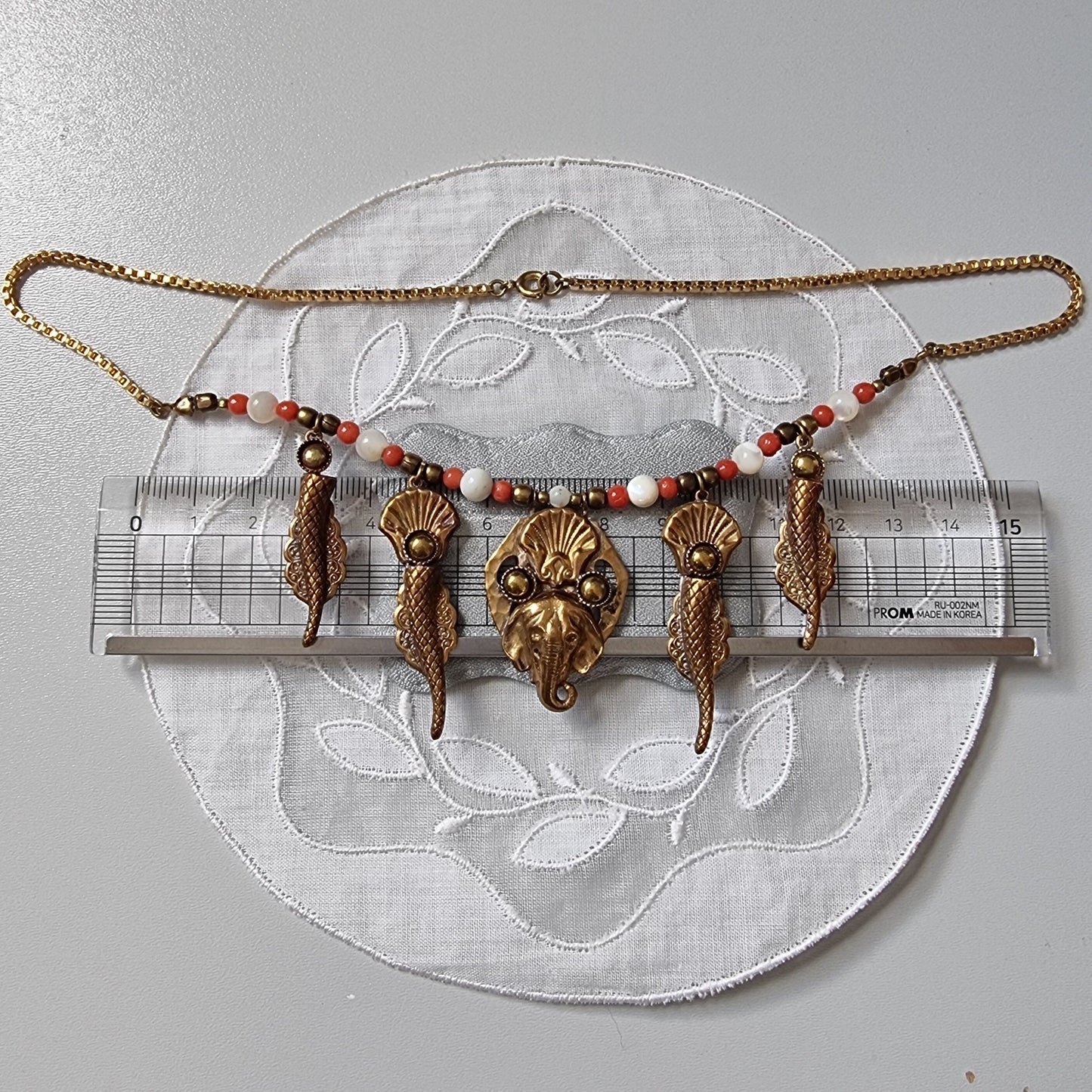Necklace - Elephant and Shells Coral and Pearl Glass Beads Necklace