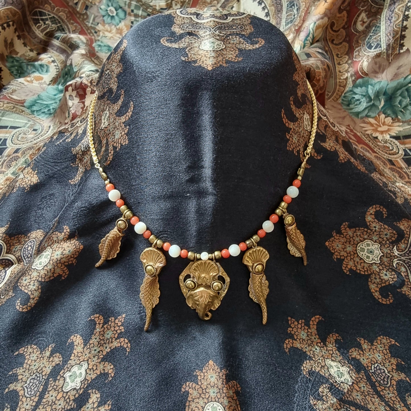 Necklace - Elephant and Shells Coral and Pearl Glass Beads Necklace