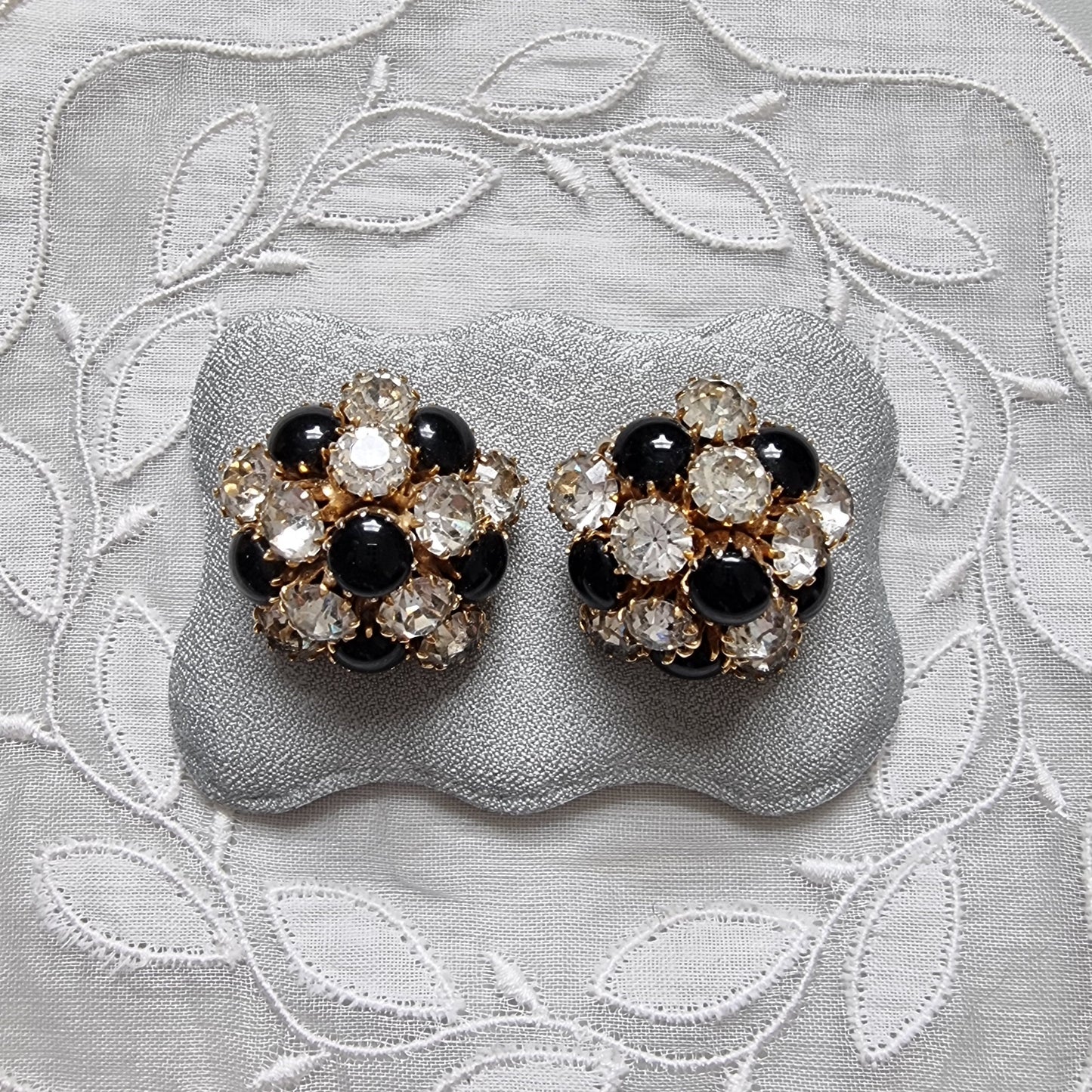 Clip on - Black and Clear Crystals Cluster Clip On Earrings
