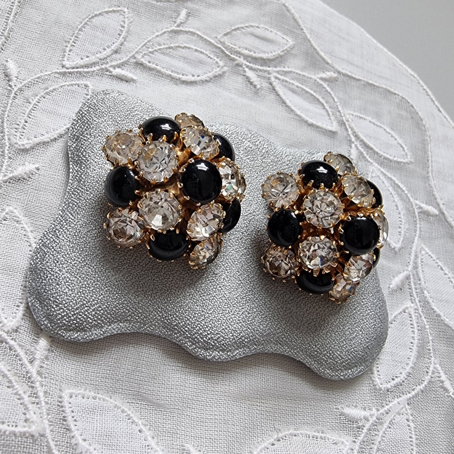 Clip on - Black and Clear Crystals Cluster Clip On Earrings