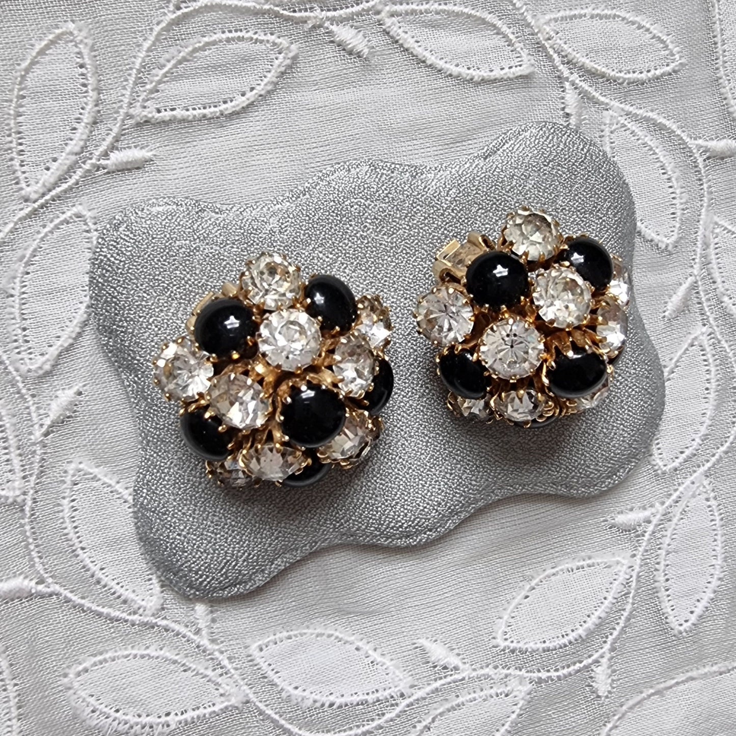 Clip on - Black and Clear Crystals Cluster Clip On Earrings