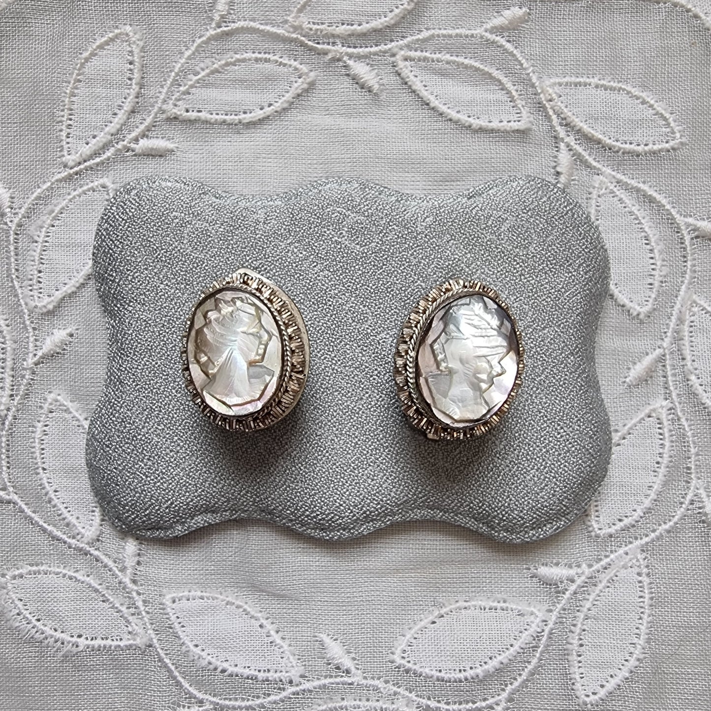 Clip on - 800 Silver Carved Abalone Cameo Earrings