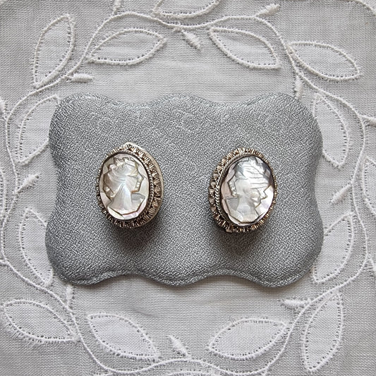 Clip on - 800 Silver Carved Abalone Cameo Earrings