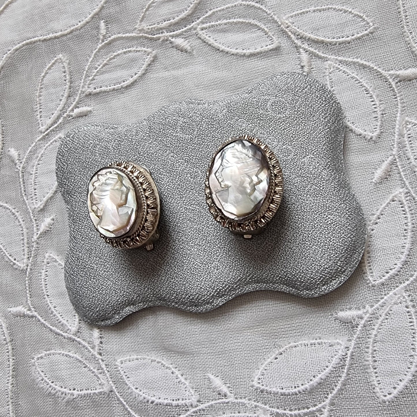 Clip on - 800 Silver Carved Abalone Cameo Earrings