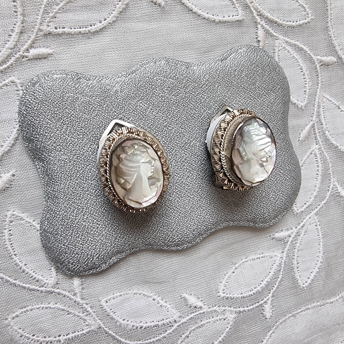 Clip on - 800 Silver Carved Abalone Cameo Earrings