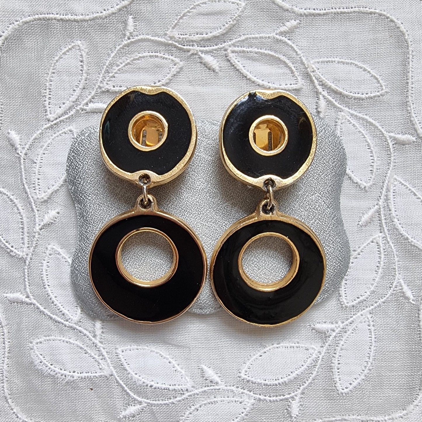 Clip on - Black Enamel Round Drop Clip on Earrings