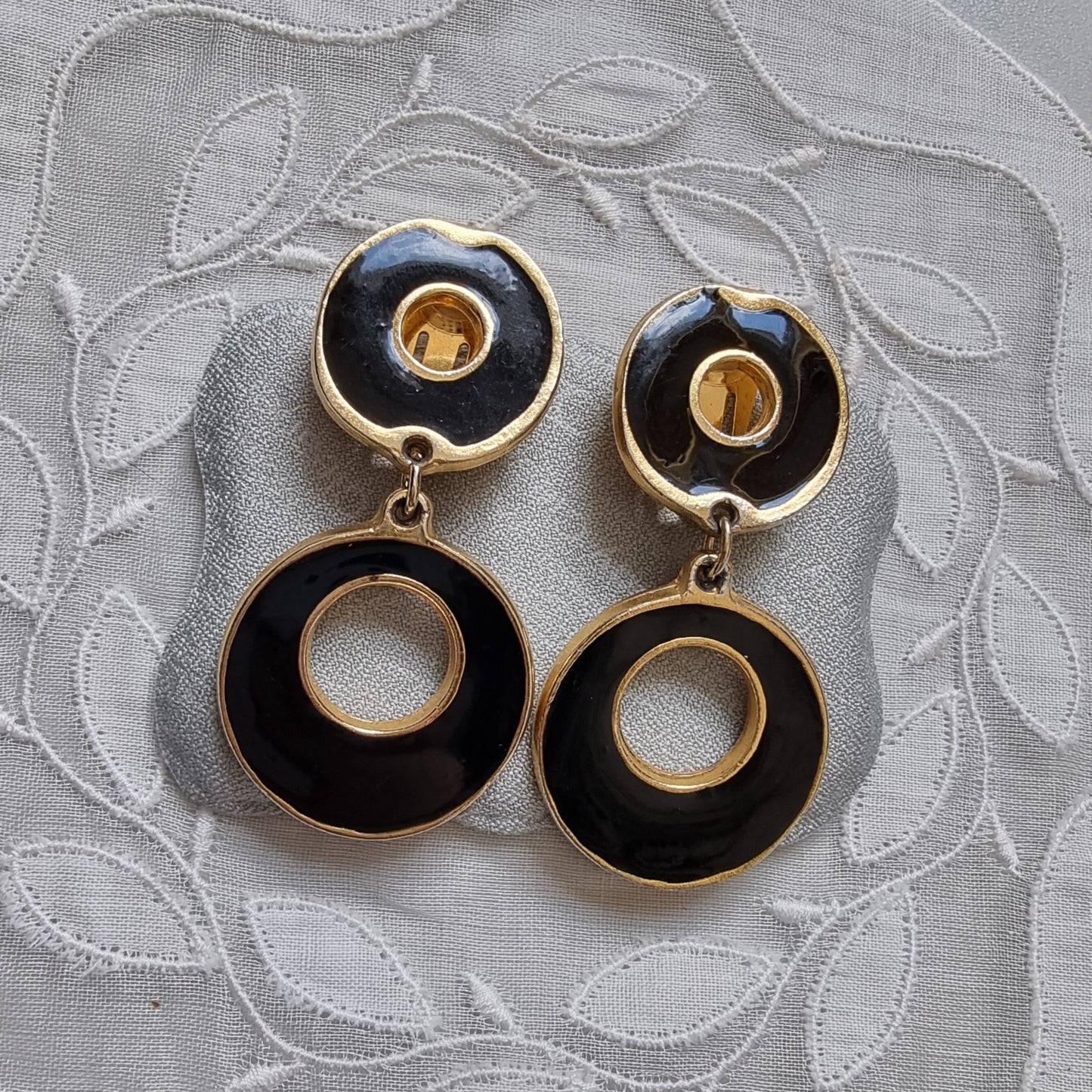 Clip on - Black Enamel Round Drop Clip on Earrings