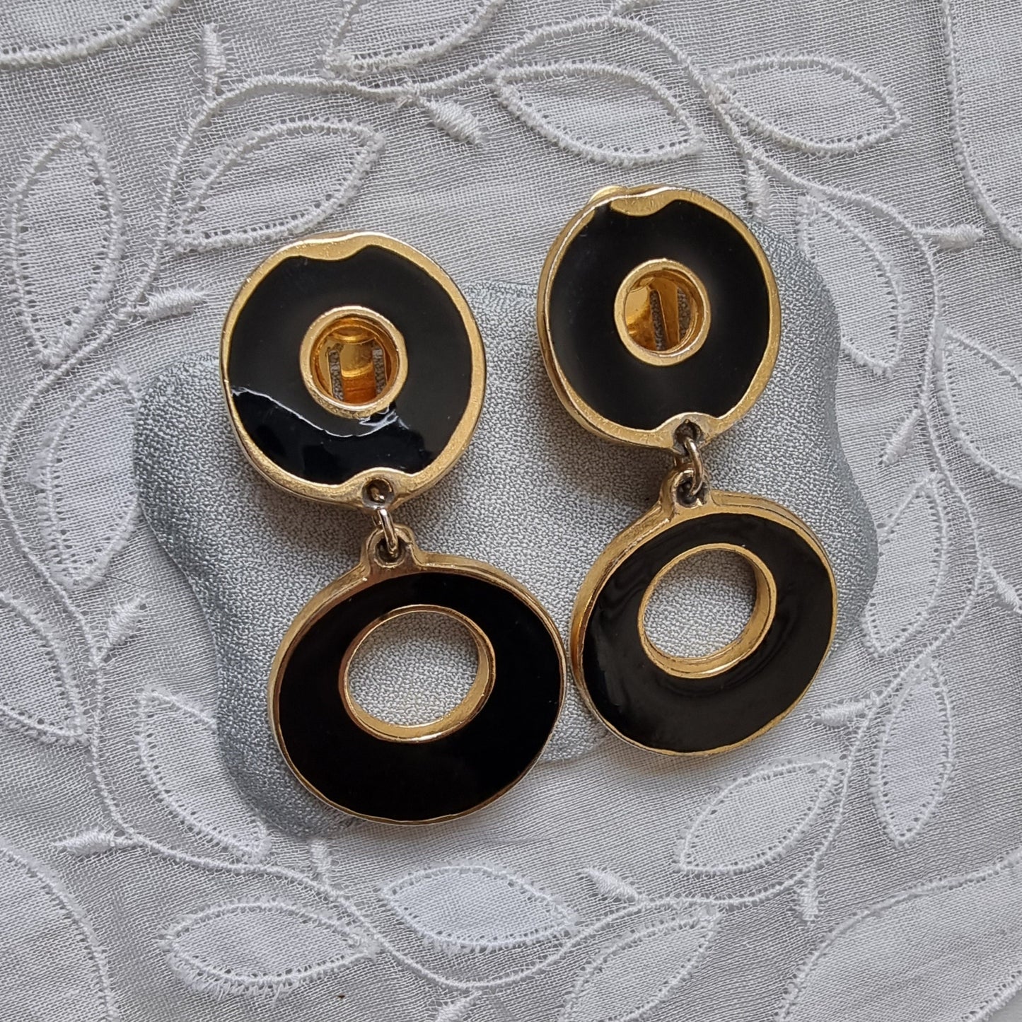 Clip on - Black Enamel Round Drop Clip on Earrings