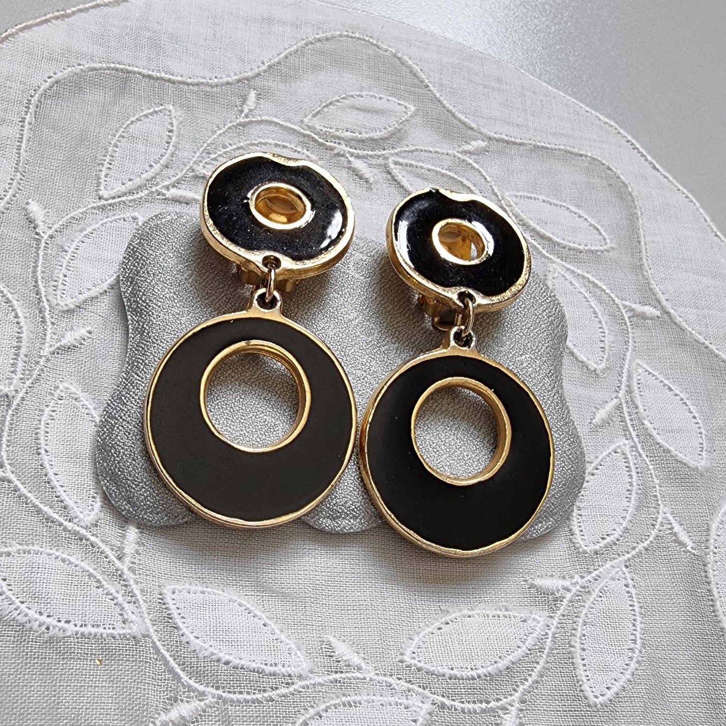 Clip on - Black Enamel Round Drop Clip on Earrings