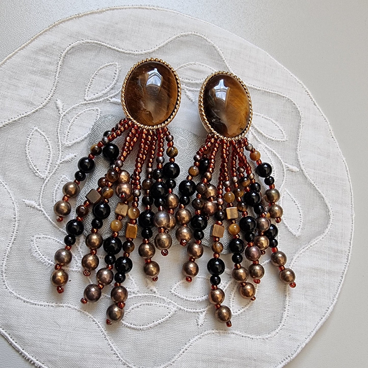 Clip on - Tiger Eye and Glass Beads Drop Clip on Earrings