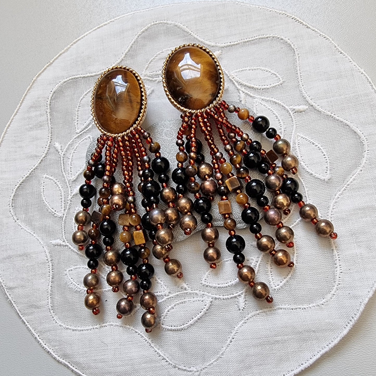 Clip on - Tiger Eye and Glass Beads Drop Clip on Earrings