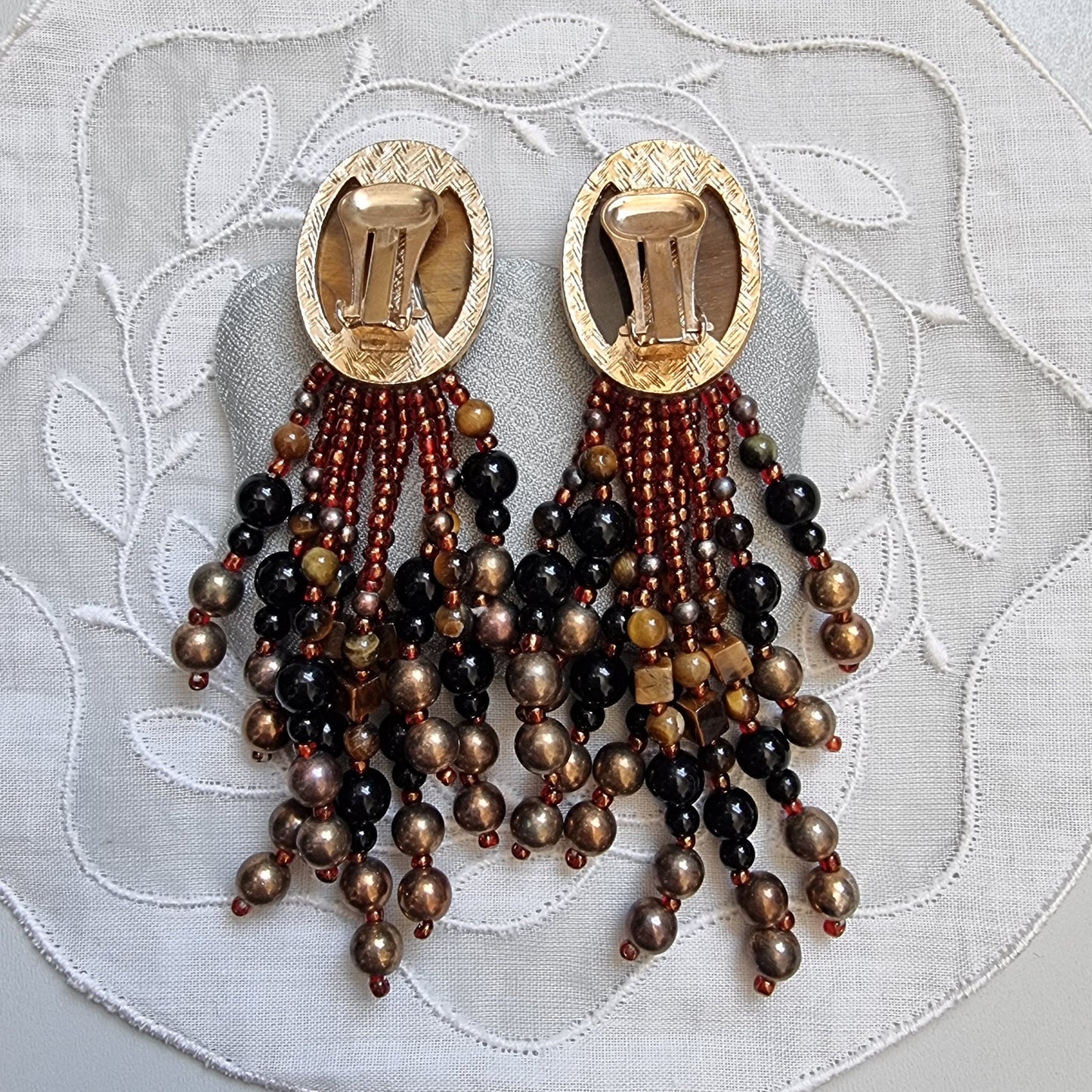 Clip on - Tiger Eye and Glass Beads Drop Clip on Earrings
