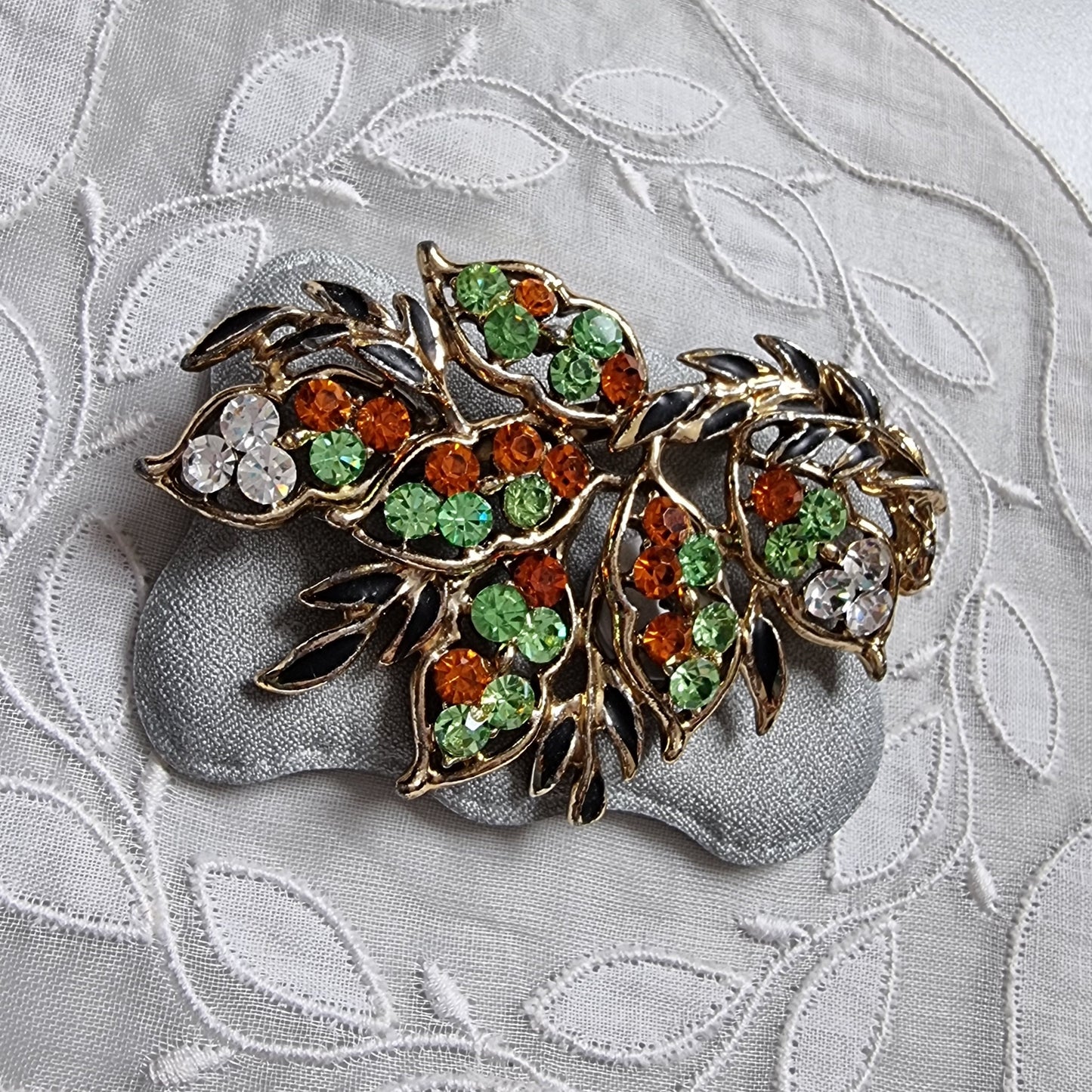 Brooch - Green Orange and Clear Crystals Black Enamel Leaf Brooch