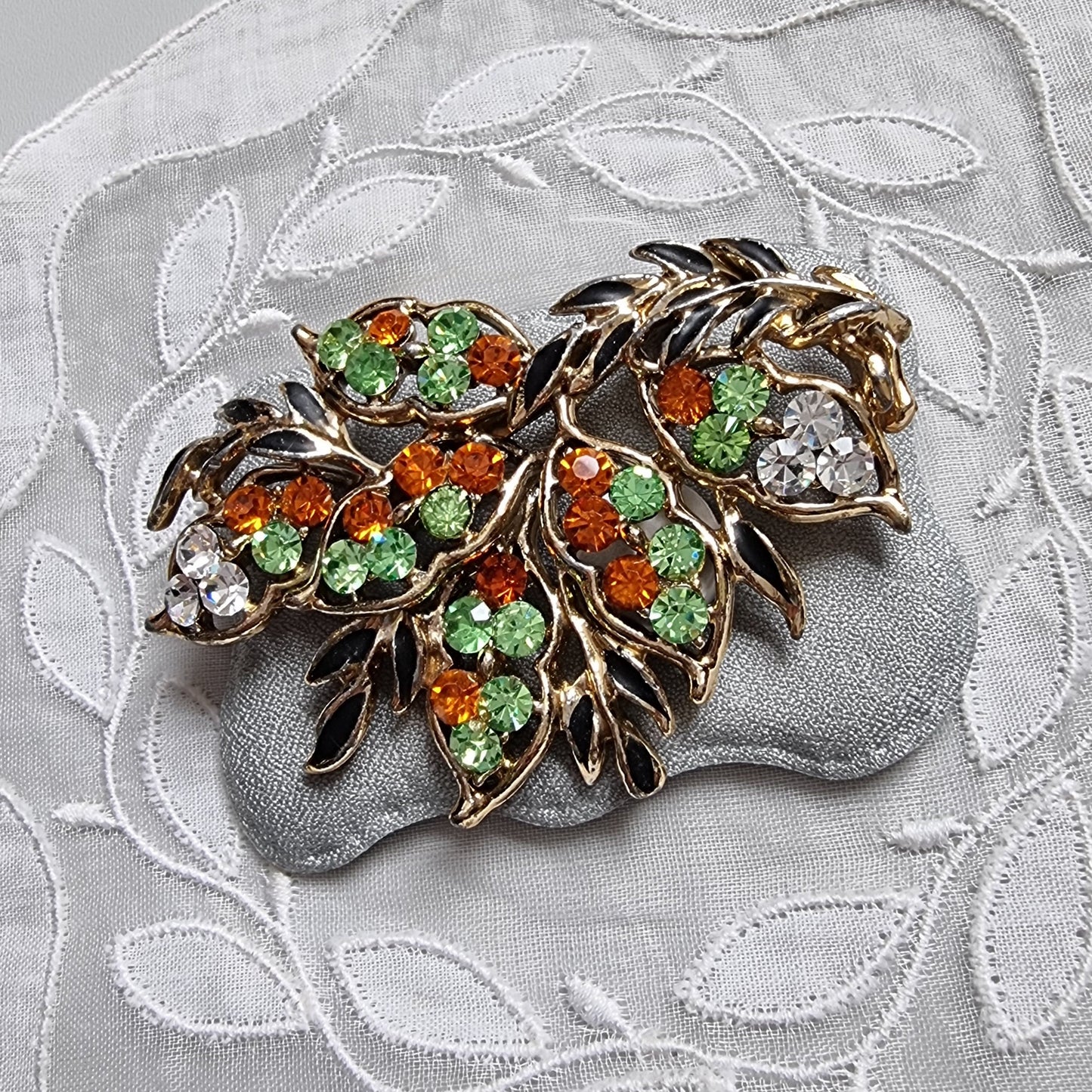 Brooch - Green Orange and Clear Crystals Black Enamel Leaf Brooch