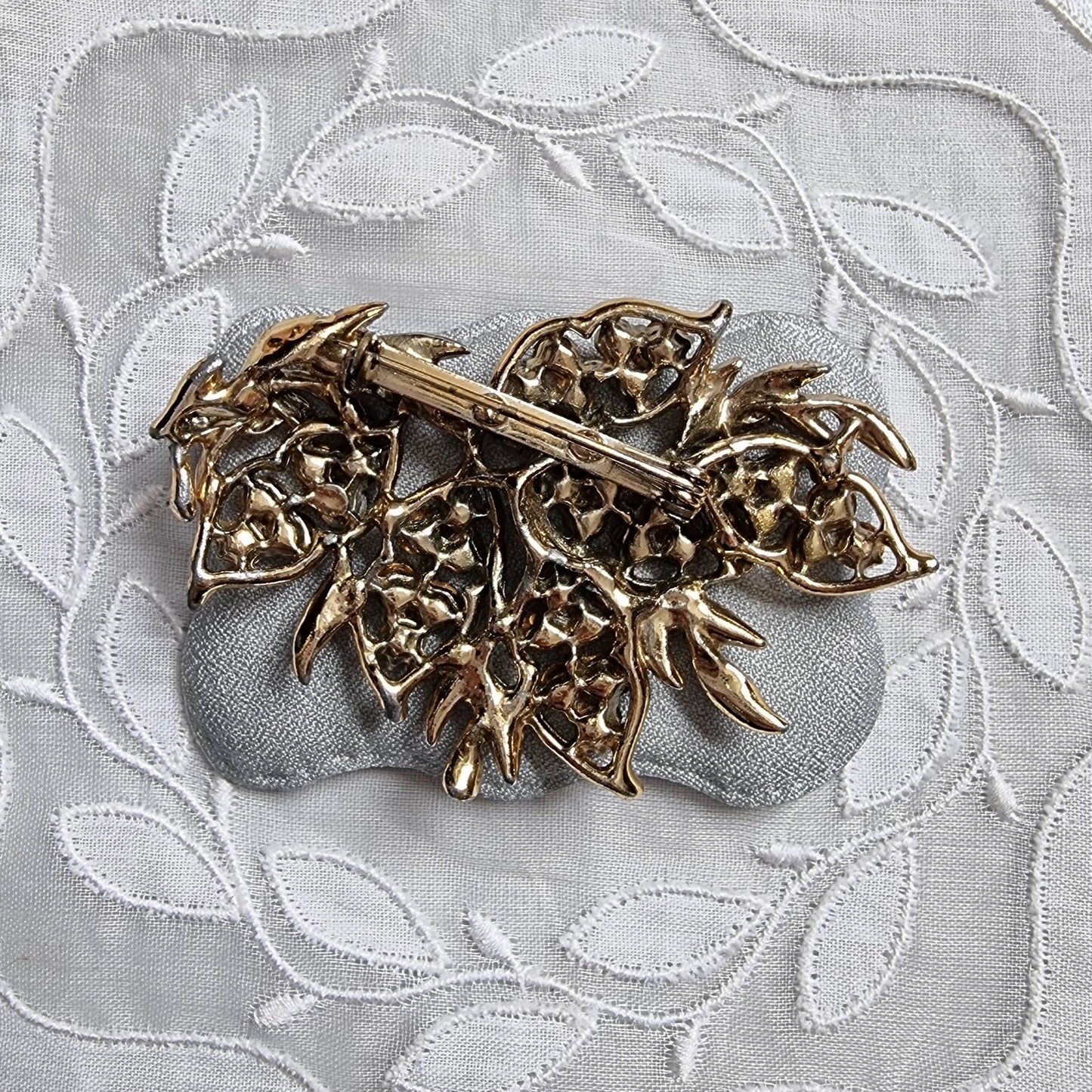 Brooch - Green Orange and Clear Crystals Black Enamel Leaf Brooch