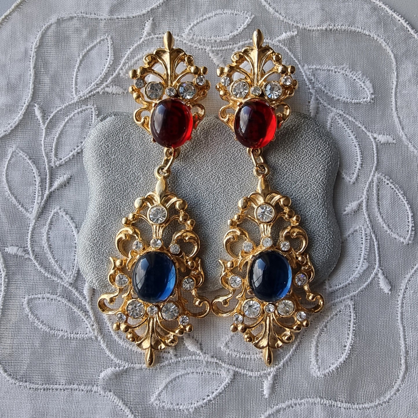 Posts - Statement Red and Blue Cabochon Drop Earrings