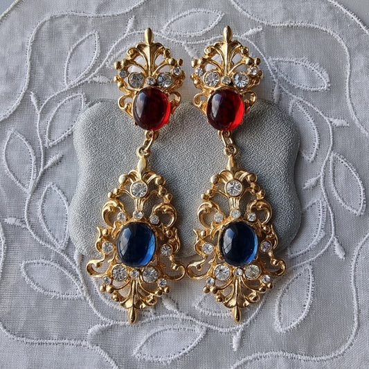 Posts - Statement Red and Blue Cabochon Drop Earrings