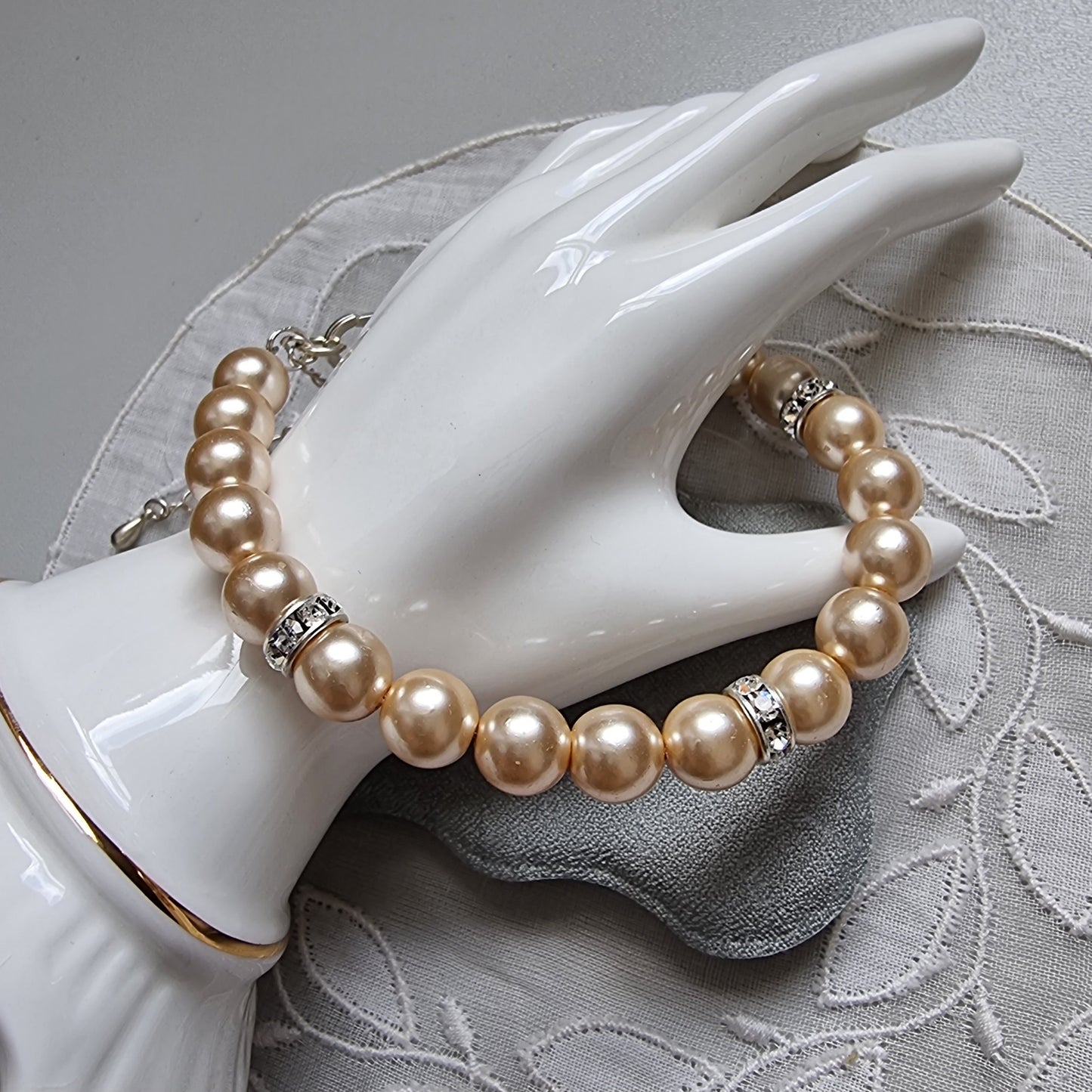 Bracelet - Faux Pearl Beads and Clear Crystals Bracelet