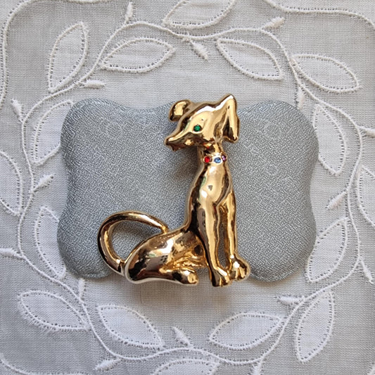 Brooch - Gold Dog with Multicolour Crystals Brooch