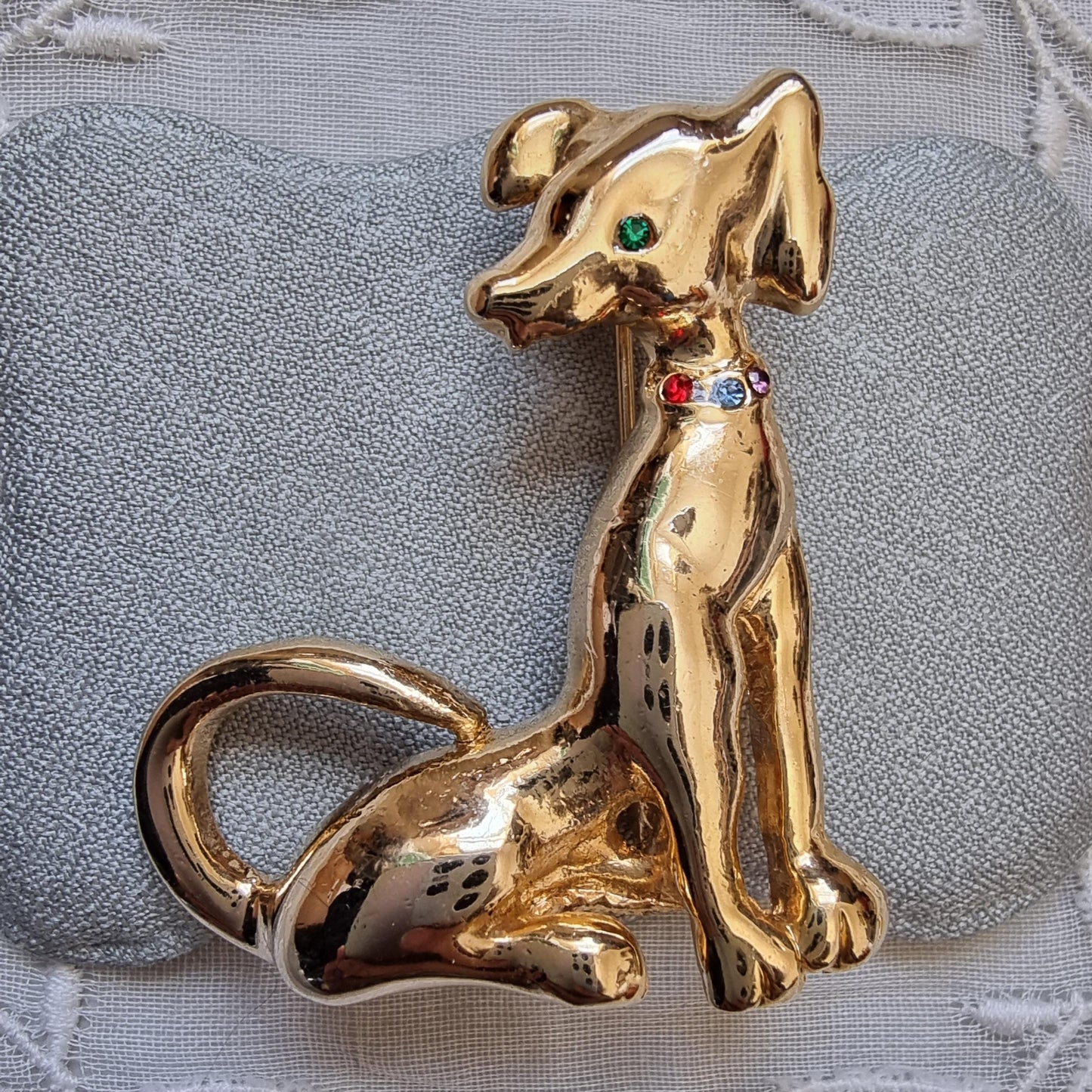 Brooch - Gold Dog with Multicolour Crystals Brooch
