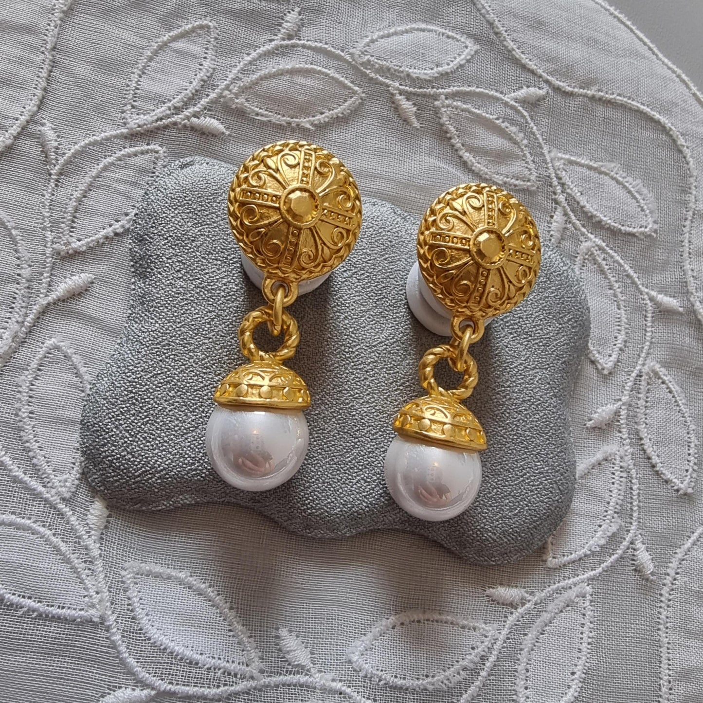 Posts - Gold Etruscan Pearl Drop Earrings