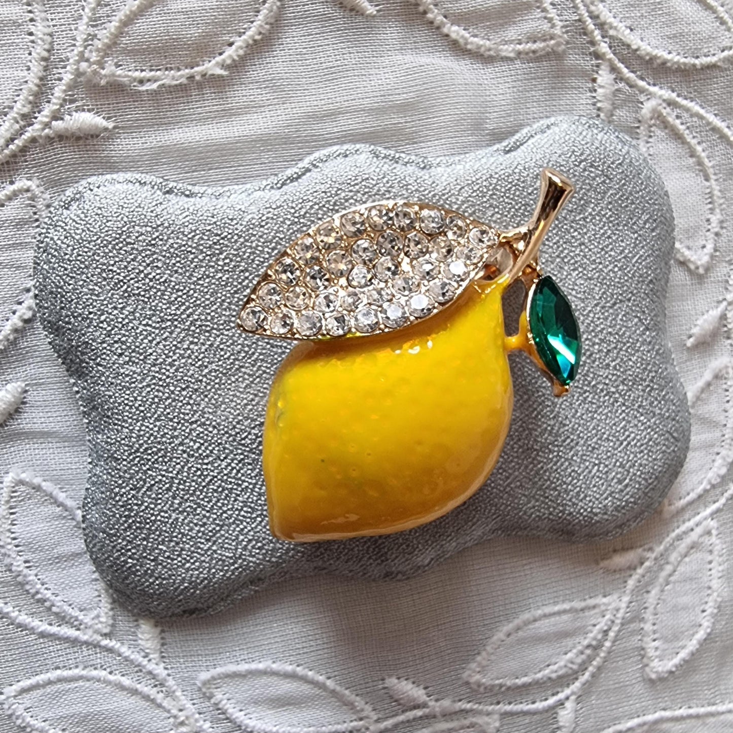 Brooch - Crystal Leaf Enamel Lemon Brooch
