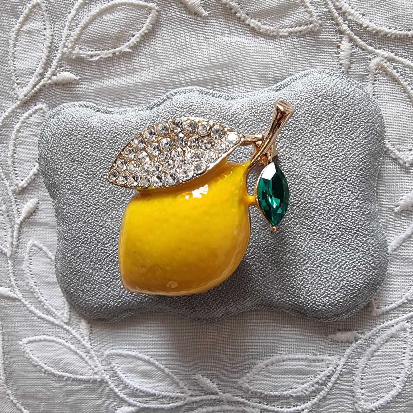 Brooch - Crystal Leaf Enamel Lemon Brooch