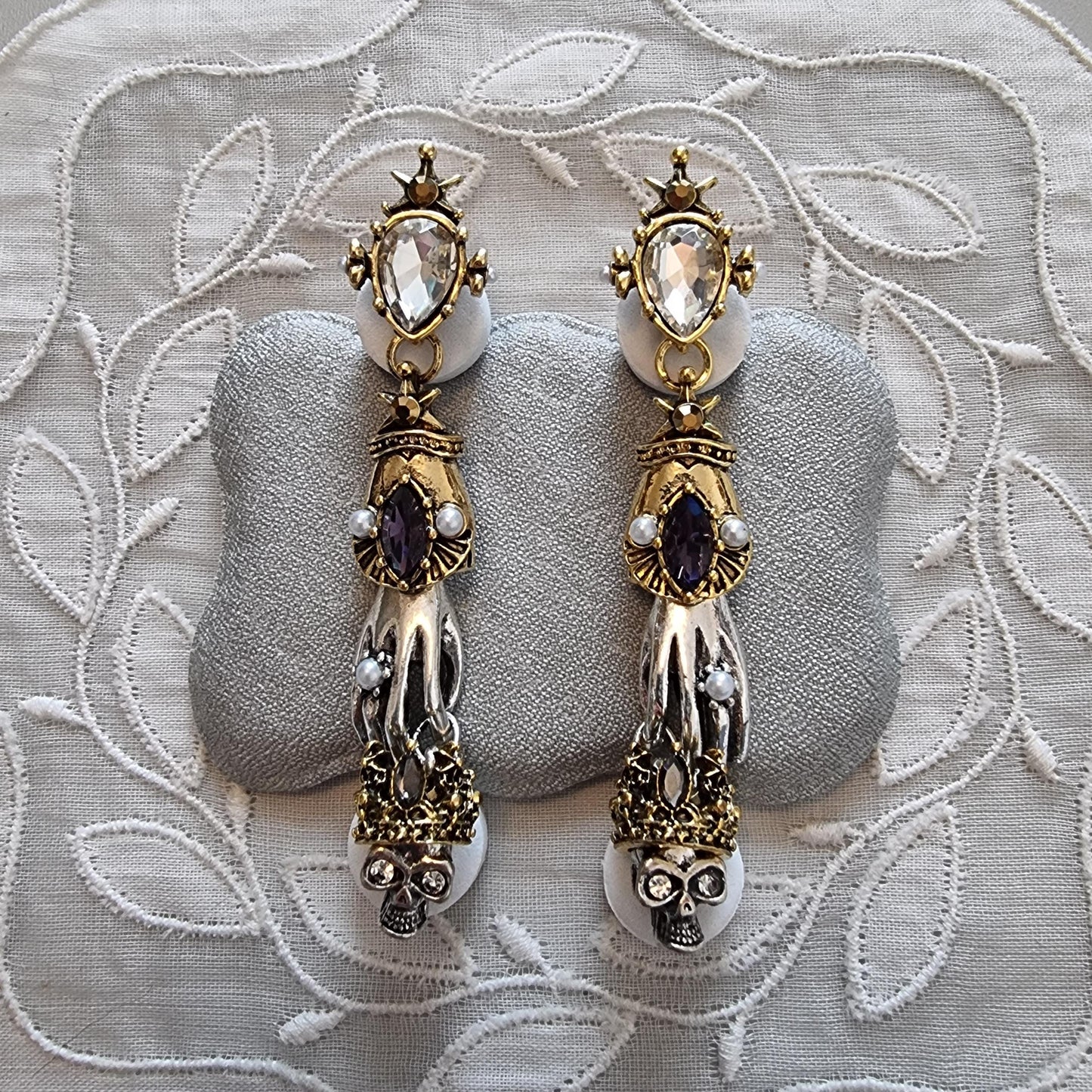 Posts - Crystals and Seed Pearls Skeleton Hand and Skull Drop Earrings