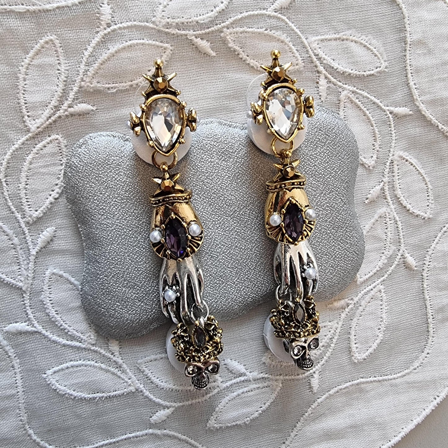 Posts - Crystals and Seed Pearls Skeleton Hand and Skull Drop Earrings