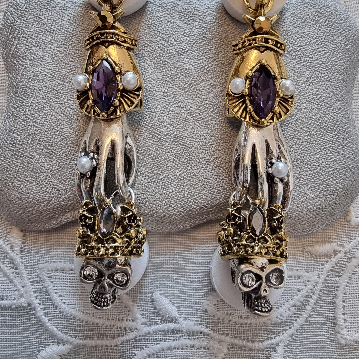 Posts - Crystals and Seed Pearls Skeleton Hand and Skull Drop Earrings