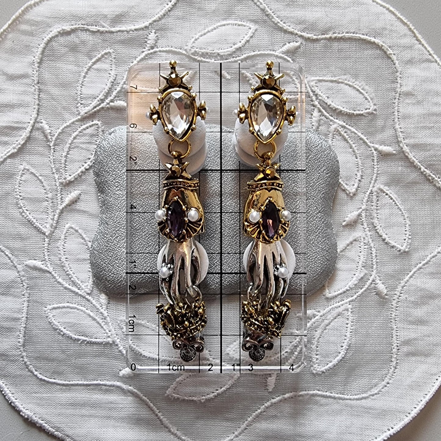 Posts - Crystals and Seed Pearls Skeleton Hand and Skull Drop Earrings