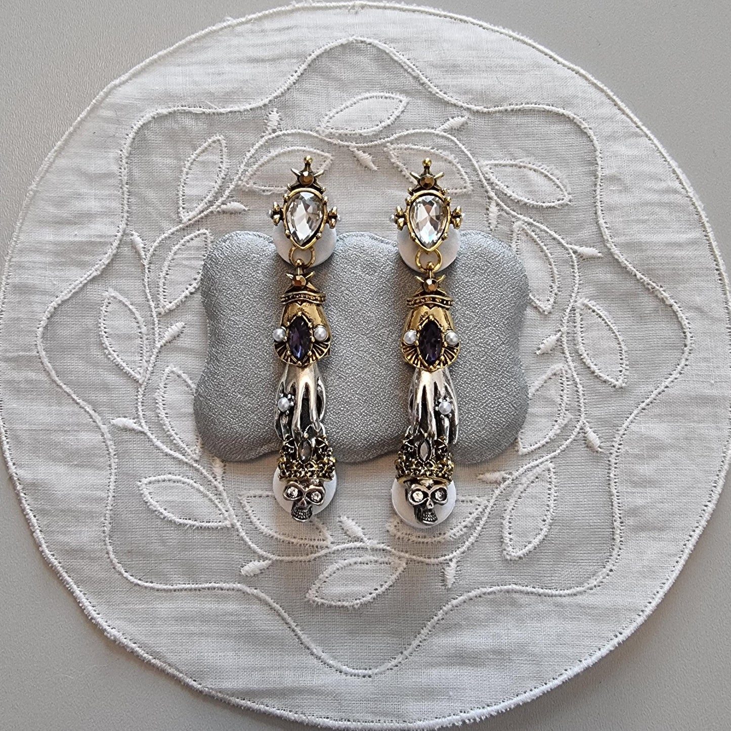Posts - Crystals and Seed Pearls Skeleton Hand and Skull Drop Earrings