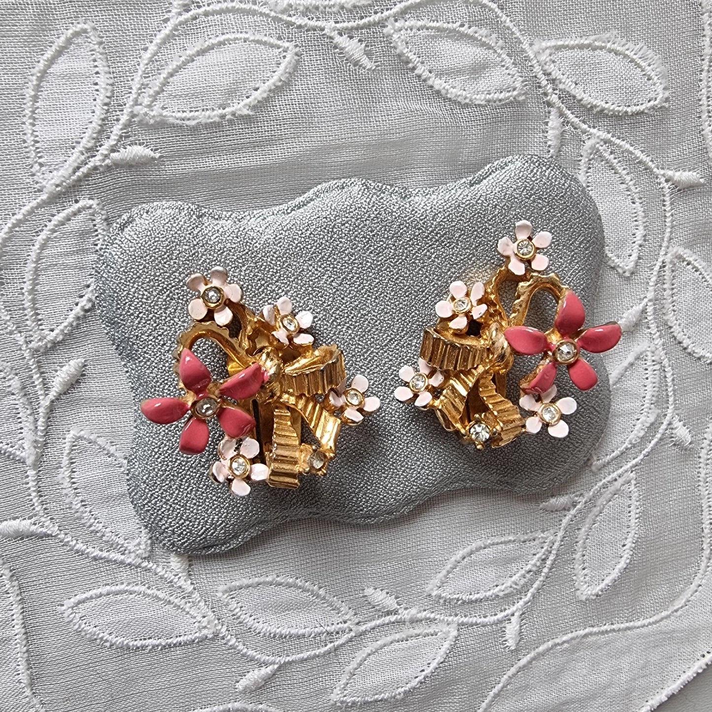 Clip on - Coro Pink Enamel Flowers with Ribbon Clip on Earrings