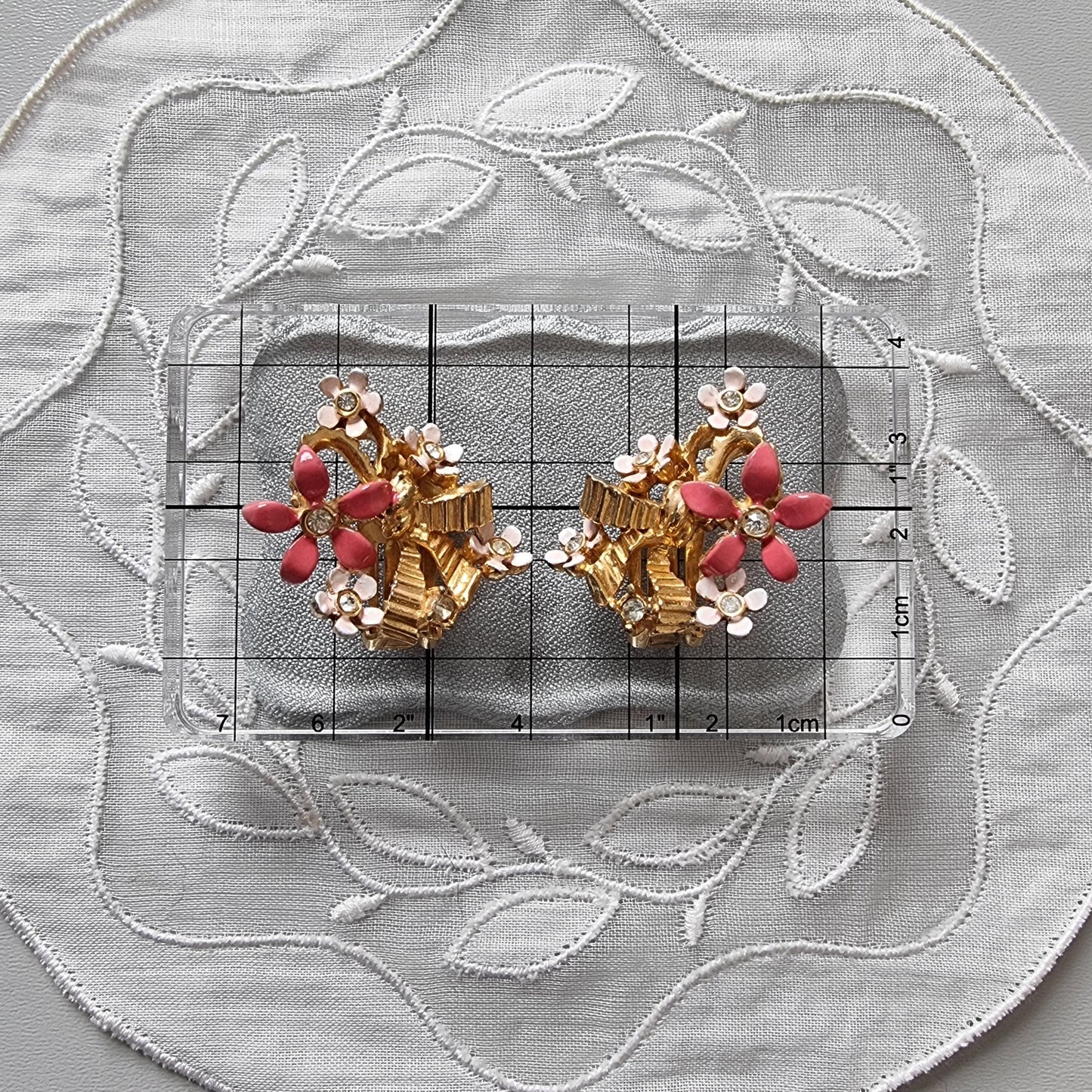 Clip on - Coro Pink Enamel Flowers with Ribbon Clip on Earrings